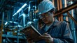 © tope007 - An engineer inside a factory looks at a notebook and writes in it while the shoot from the front the background behind the engineer is blur, AI Generative