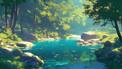 Wall Mural - concept art of a serene forest pond with reflections, surrounded by lush greenery