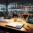 © Irinka Dimkovna - A scientist s workstation with various tools and an open reference book for research. It includes beakers, flasks, and a lamp. An open book is on the right side, ready for study.
