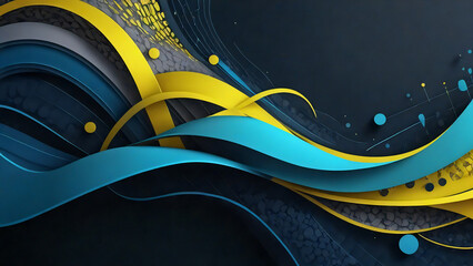 Flowing ribbons brushstrokes with ornamental elements, blue and yellow palette, abstract background.