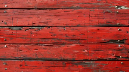 Wall Mural - Textured scratched wooden surface painted red with nails on one side horizontal lines close up top view