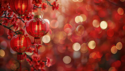 Canvas Print - red Chinese New Year decorations hanging in the air with a blurred background