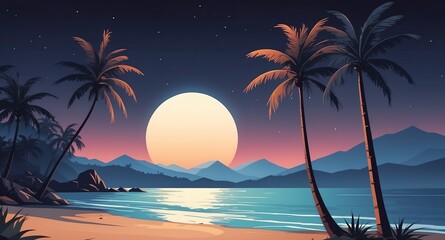 Wall Mural - beach with tall palm trees night landscape flat cartoon style illustration design background copy space backdrop