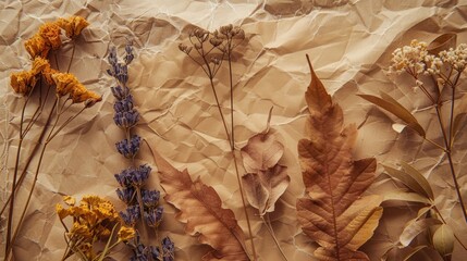 Poster - Arranging dried plants on aged paper for text with natural theme