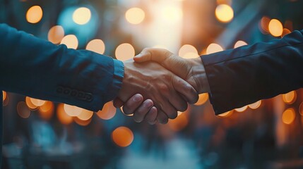 Wall Mural - Handshake Agreement: Two business partners shake hands in a symbol of trust and collaboration, their agreement sealed against a backdrop of warm, bokeh lights. 