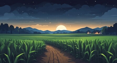 Wall Mural - cornfield under the night sky landscape flat cartoon style illustration design background copy space backdrop