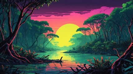 Wall Mural - mangrove forests along the coast retro neon