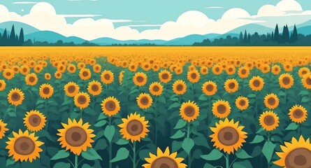 Canvas Print - field of tall sunflowers landscape flat cartoon style illustration design background copy space backdrop