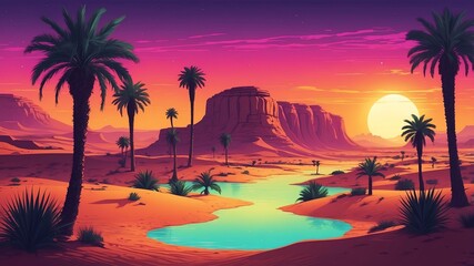 Wall Mural - oasis in the sahara desert retro neon