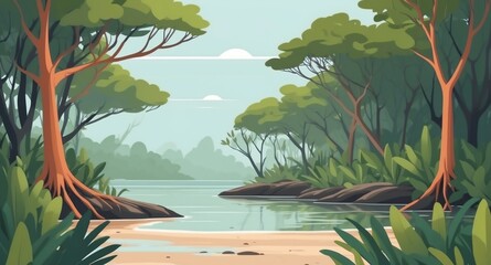 mangrove forest by the sea landscape flat cartoon style illustration design background copy space backdrop