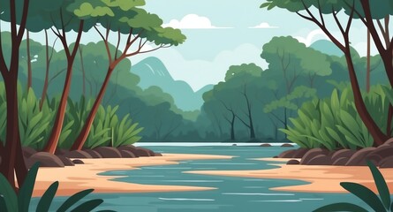 mangrove forest by the sea landscape flat cartoon style illustration design background copy space backdrop