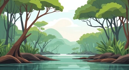 Canvas Print - mangrove forest by the sea landscape flat cartoon style illustration design background copy space backdrop