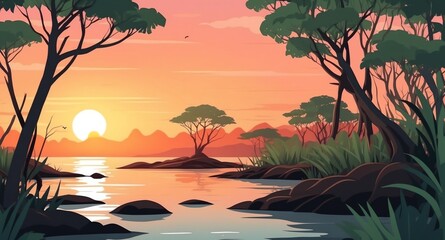 Wall Mural - mangrove forest by the sea sunset landscape flat cartoon style illustration design background copy space backdrop