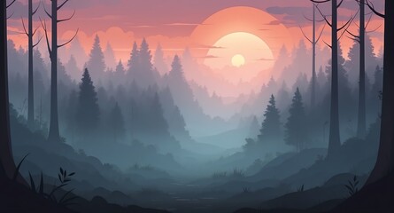 Canvas Print - misty foggy forest in the sunset landscape flat cartoon style illustration design background copy space backdrop