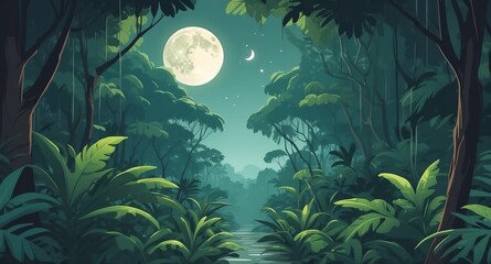 Sticker - rainforest canopy with moon light landscape flat cartoon style illustration design background copy space backdrop