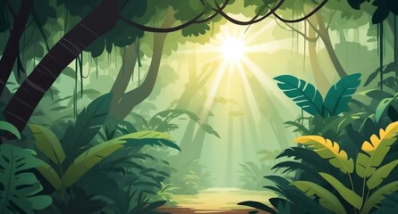 Canvas Print - rainforest canopy with sunlight landscape flat cartoon style illustration design background copy space backdrop