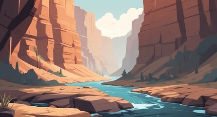 Sticker - river in the deep canyon landscape flat cartoon style illustration design background copy space backdrop