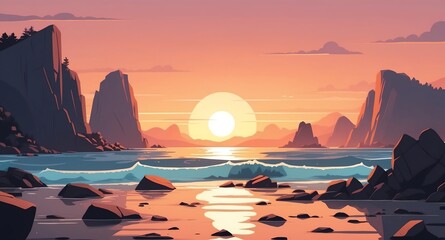 rocky shore at sunset time landscape flat cartoon style illustration design background copy space backdrop