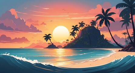 Wall Mural - tropical island in vast ocean sunset landscape flat cartoon style illustration design background copy space backdrop