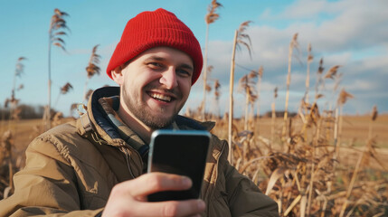 smiling young polish farmer recording a video with a smartphone