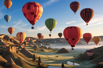 Vibrant hot air balloons in Cappadocia's surreal landscape, with fairy chimneys and a golden sunrise