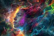 © Kamil - Enigmatic woman with rainbow hair and cosmic energy on a blurry dark background