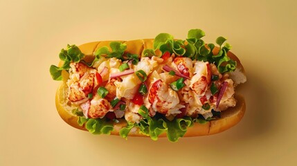 a lobster salad on a bun with lettuce and tomatoes