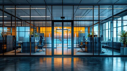 Sticker - Open for Business: A modern office space bathed in the warm glow of sunset, inviting professionals into a world of innovation and productivity.