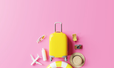 Wall Mural - Yellow suitcase with beach accessories sunglasses, straw hat, inflatable ring. on pastel pink background. Summer travel concept. 3d rendering