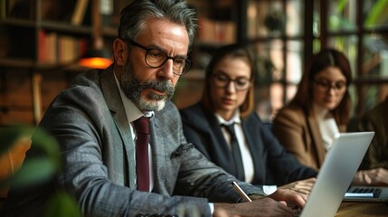 Sticker - Strategic Focus: A seasoned professional analyzes data on his laptop, leading a focused team meeting in a sophisticated office setting. 