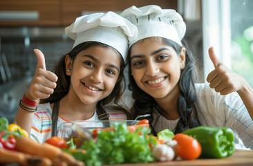 A happy young Indian mother and daughter, in chef hats, give thumbs up while cooking in their bright kitchen. Warm morning light streams in, ingredients on the table, capturing their joy.