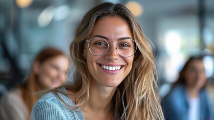 Sticker - Confident Leader, Radiant Smile: A young businesswoman with stylish glasses exudes confidence and approachability in a vibrant office setting.