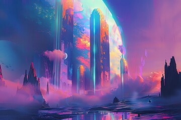 Wall Mural - Futuristic cityscape with vibrant colors and a large moon in the background
