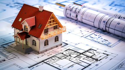 Aufkleber - house under construction on blueprints - building project