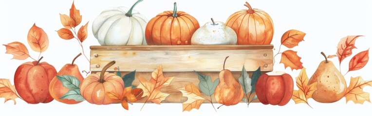 a watercolor painting depicting an assortment of pumpkins and pears arranged in a wooden crate, with