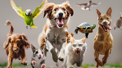 A group of dogs and puppies sitting together on a white background