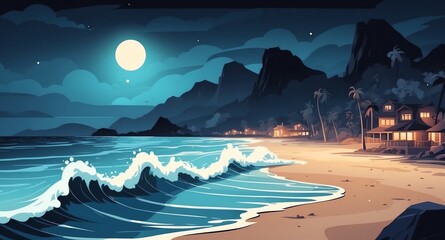 Wall Mural - beach with crashing waves at night landscape flat cartoon style illustration design background copy space backdrop