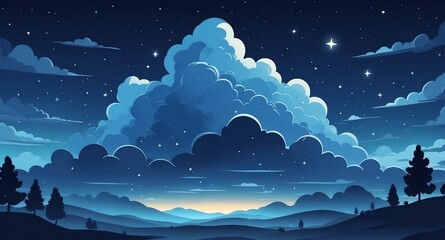 blue night cloud sky with stars landscape flat cartoon style illustration design background copy space backdrop