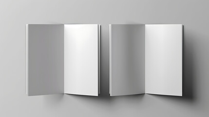 Poster - Open and closed blank brochures on grey background, top view. Mock up for design