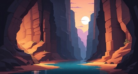 Canvas Print - canyon with narrow passage night landscape flat cartoon style illustration design background copy space backdrop