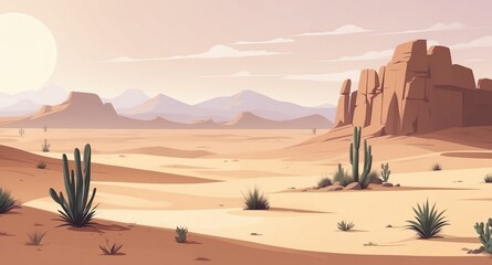 Sticker - desert with sparse vegetation landscape flat cartoon style illustration design background copy space backdrop