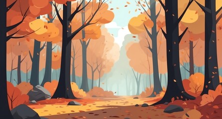 Wall Mural - forest with autumn leaves landscape flat cartoon style illustration design background copy space backdrop