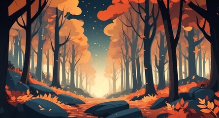 Sticker - forest with autumn leaves night landscape flat cartoon style illustration design background copy space backdrop