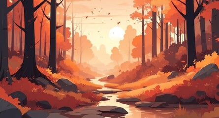 Canvas Print - forest with autumn leaves sunset landscape flat cartoon style illustration design background copy space backdrop