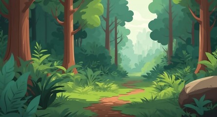 Poster - forest with lush greenery landscape flat cartoon style illustration design background copy space backdrop