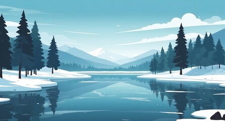 Sticker - lake with surrounding winter trees landscape flat cartoon style illustration design background copy space backdrop