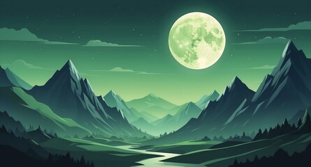 Canvas Print - moon in mountain with green sky landscape flat cartoon style illustration design background copy space backdrop