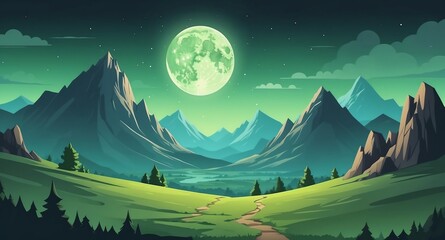 Sticker - moon in mountain with green sky landscape flat cartoon style illustration design background copy space backdrop