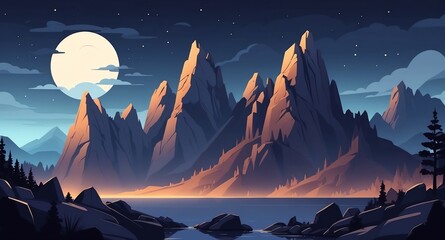 Sticker - mountains with rocky cliffs night landscape flat cartoon style illustration design background copy space backdrop