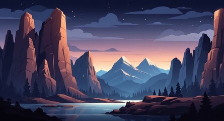 Wall Mural - mountains with rocky cliffs night landscape flat cartoon style illustration design background copy space backdrop